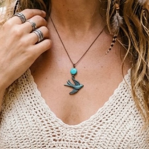 Jewelry - Whimsical Bronze-Tone Bird Sparrow Pendant Necklace Turquoise Bead Boho Freedom